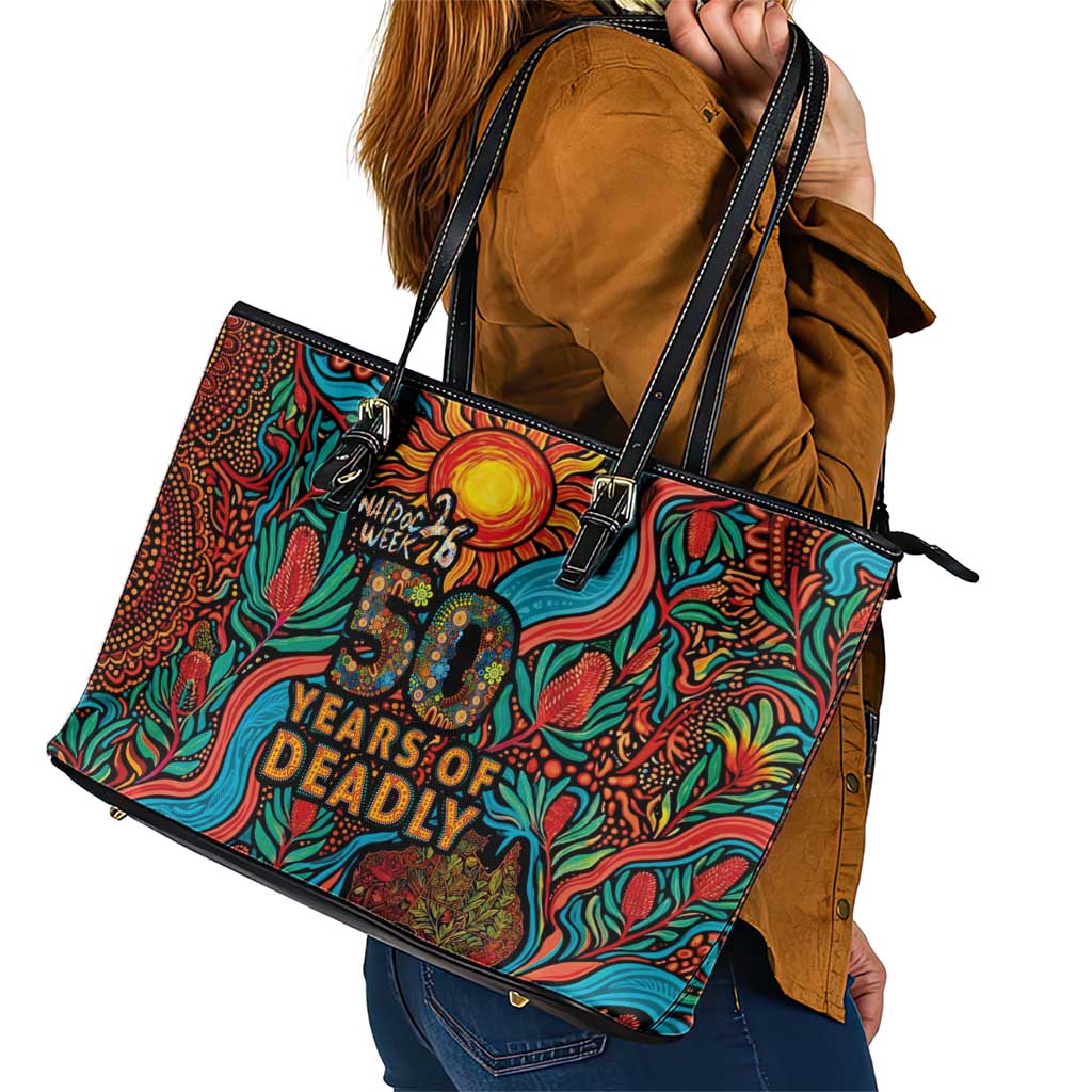 NAIDOC Week 26 Leather Tote Bag 50 Years of Deadly Aboriginal Motif