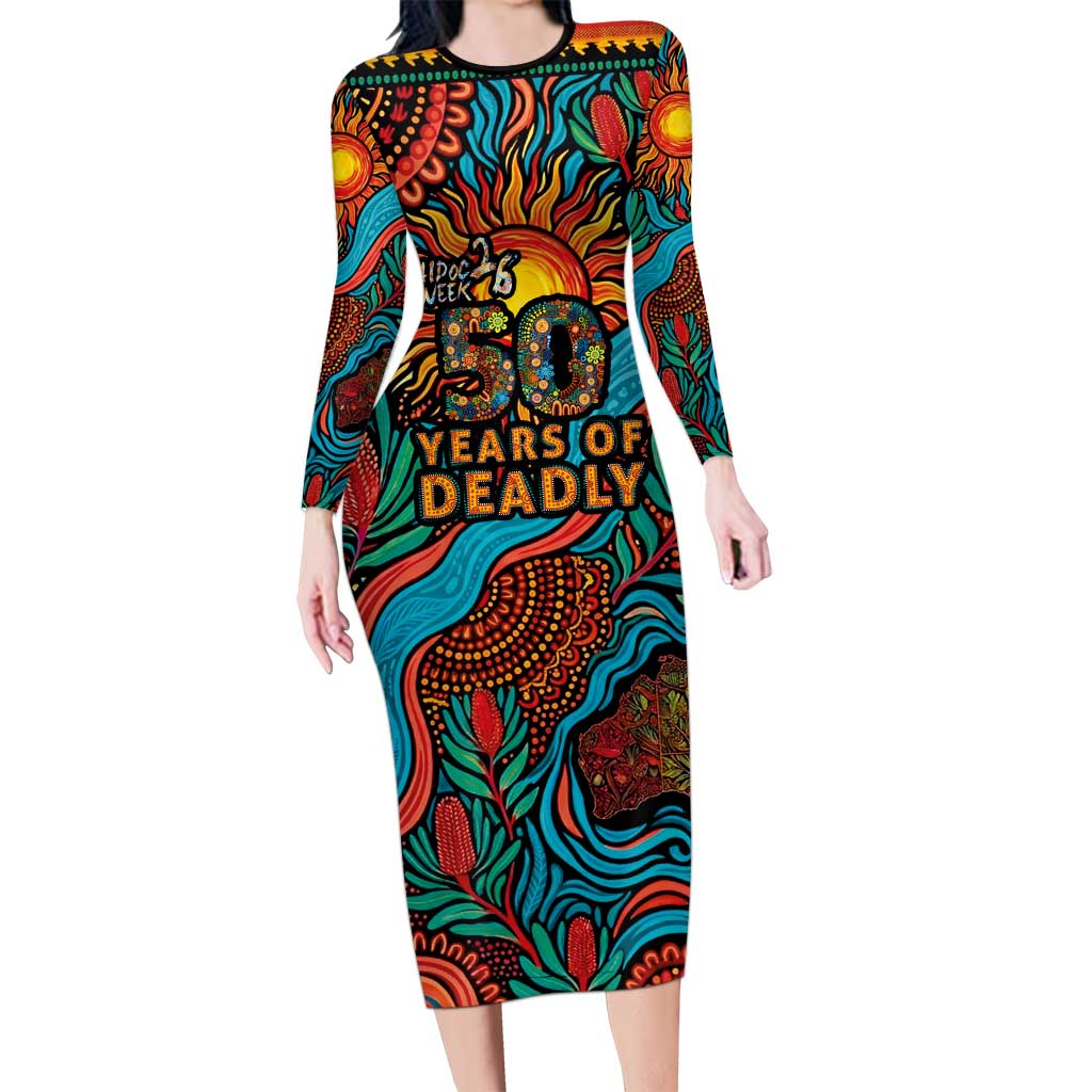 NAIDOC Week 26 Long Sleeve Bodycon Dress 50 Years of Deadly Aboriginal Motif