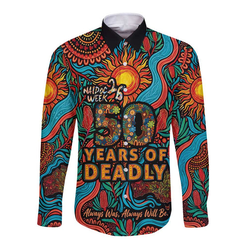 NAIDOC Week 26 Long Sleeve Button Shirt 50 Years of Deadly Aboriginal Motif
