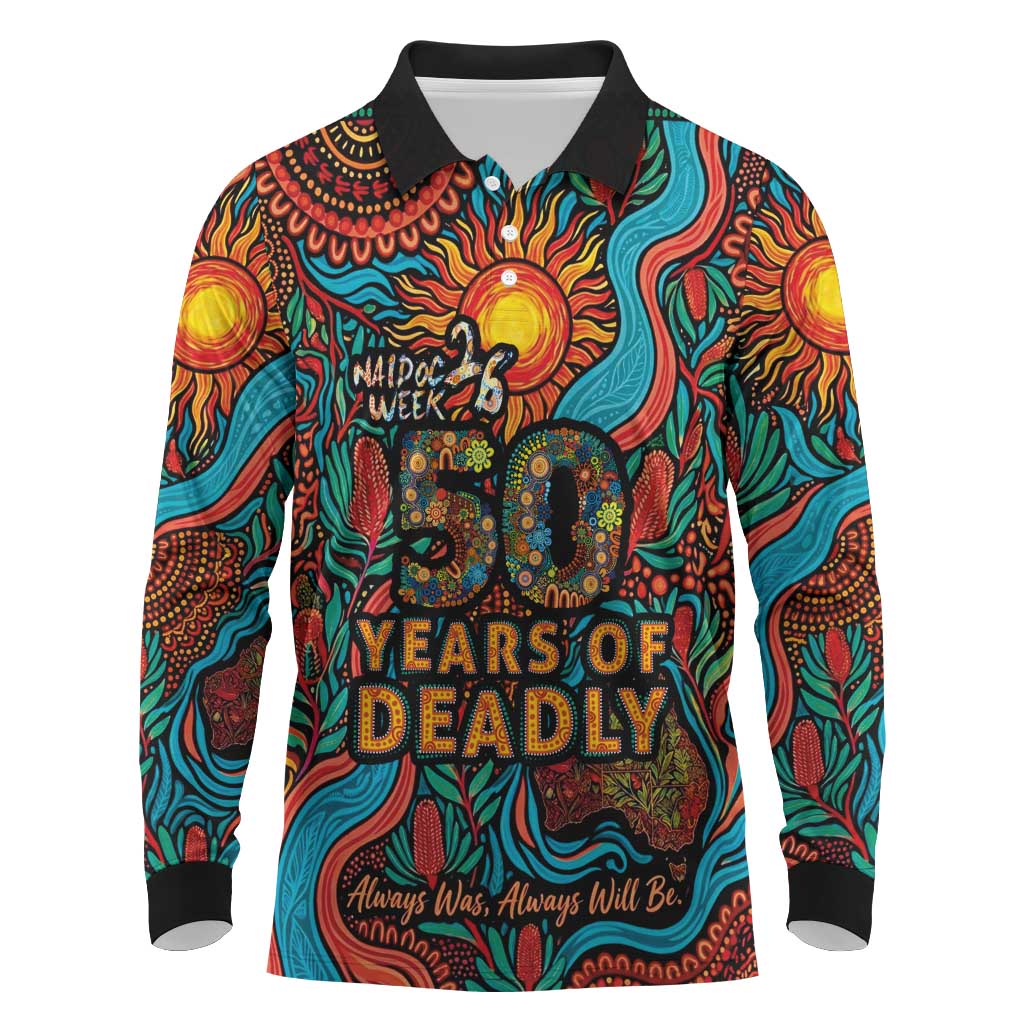 NAIDOC Week 26 Long Sleeve Polo Shirt 50 Years of Deadly Aboriginal Motif