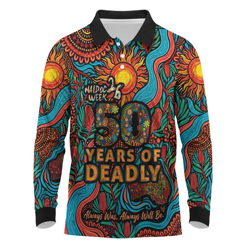 NAIDOC Week 26 Long Sleeve Polo Shirt 50 Years of Deadly Aboriginal Motif