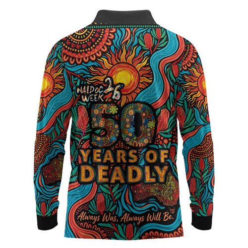 NAIDOC Week 26 Long Sleeve Polo Shirt 50 Years of Deadly Aboriginal Motif