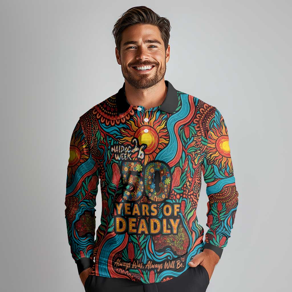 NAIDOC Week 26 Long Sleeve Polo Shirt 50 Years of Deadly Aboriginal Motif