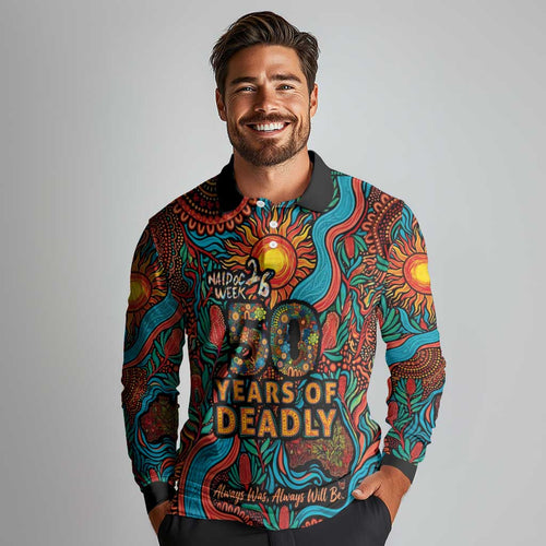 NAIDOC Week 26 Long Sleeve Polo Shirt 50 Years of Deadly Aboriginal Motif