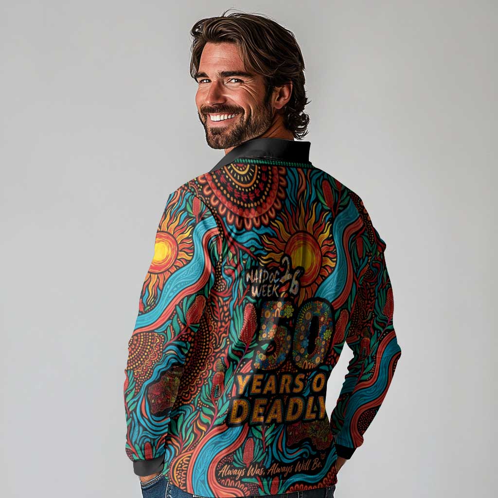 NAIDOC Week 26 Long Sleeve Polo Shirt 50 Years of Deadly Aboriginal Motif