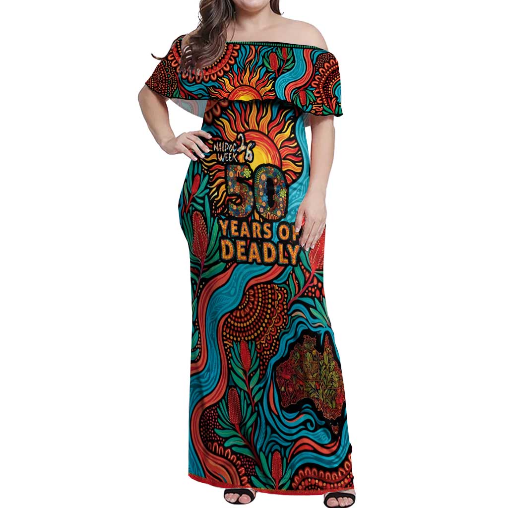 NAIDOC Week 26 Off Shoulder Maxi Dress 50 Years of Deadly Aboriginal Motif