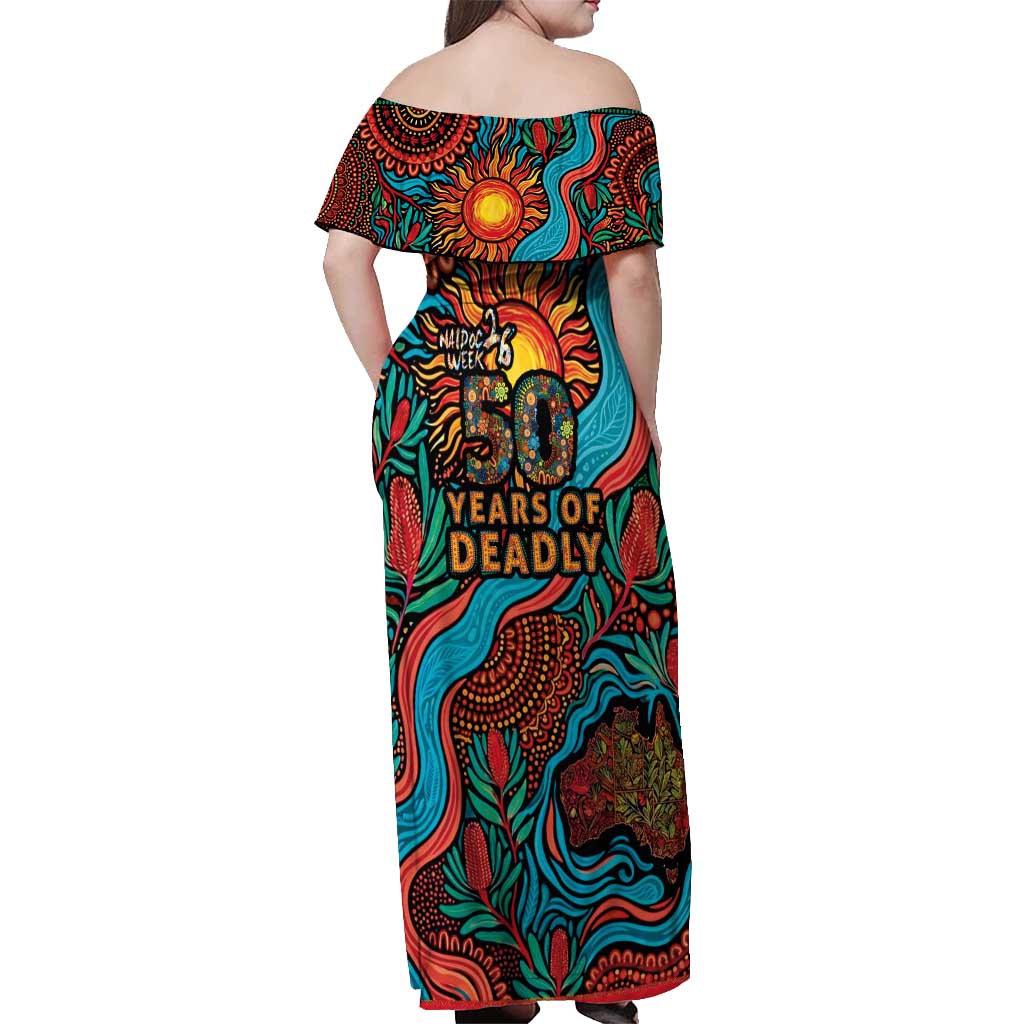 NAIDOC Week 26 Off Shoulder Maxi Dress 50 Years of Deadly Aboriginal Motif