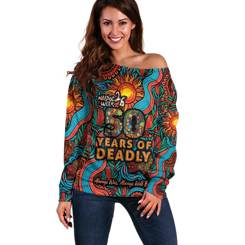 NAIDOC Week 26 Off Shoulder Sweater 50 Years of Deadly Aboriginal Motif