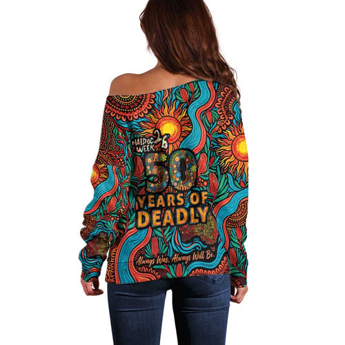 NAIDOC Week 26 Off Shoulder Sweater 50 Years of Deadly Aboriginal Motif