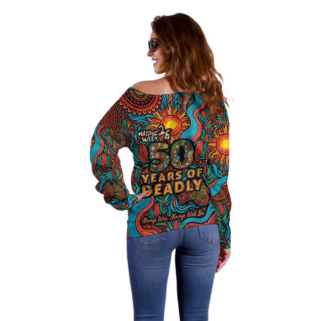 NAIDOC Week 26 Off Shoulder Sweater 50 Years of Deadly Aboriginal Motif