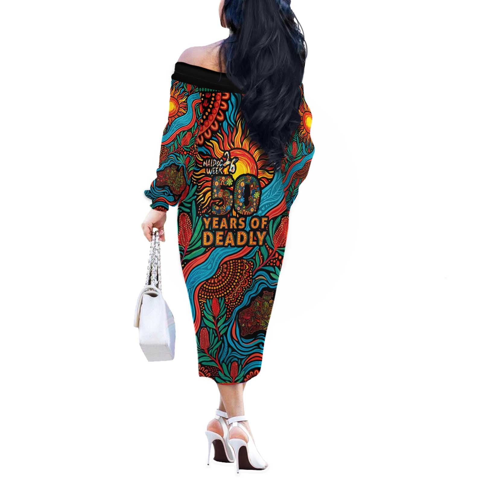 NAIDOC Week 26 Off The Shoulder Long Sleeve Dress 50 Years of Deadly Aboriginal Motif