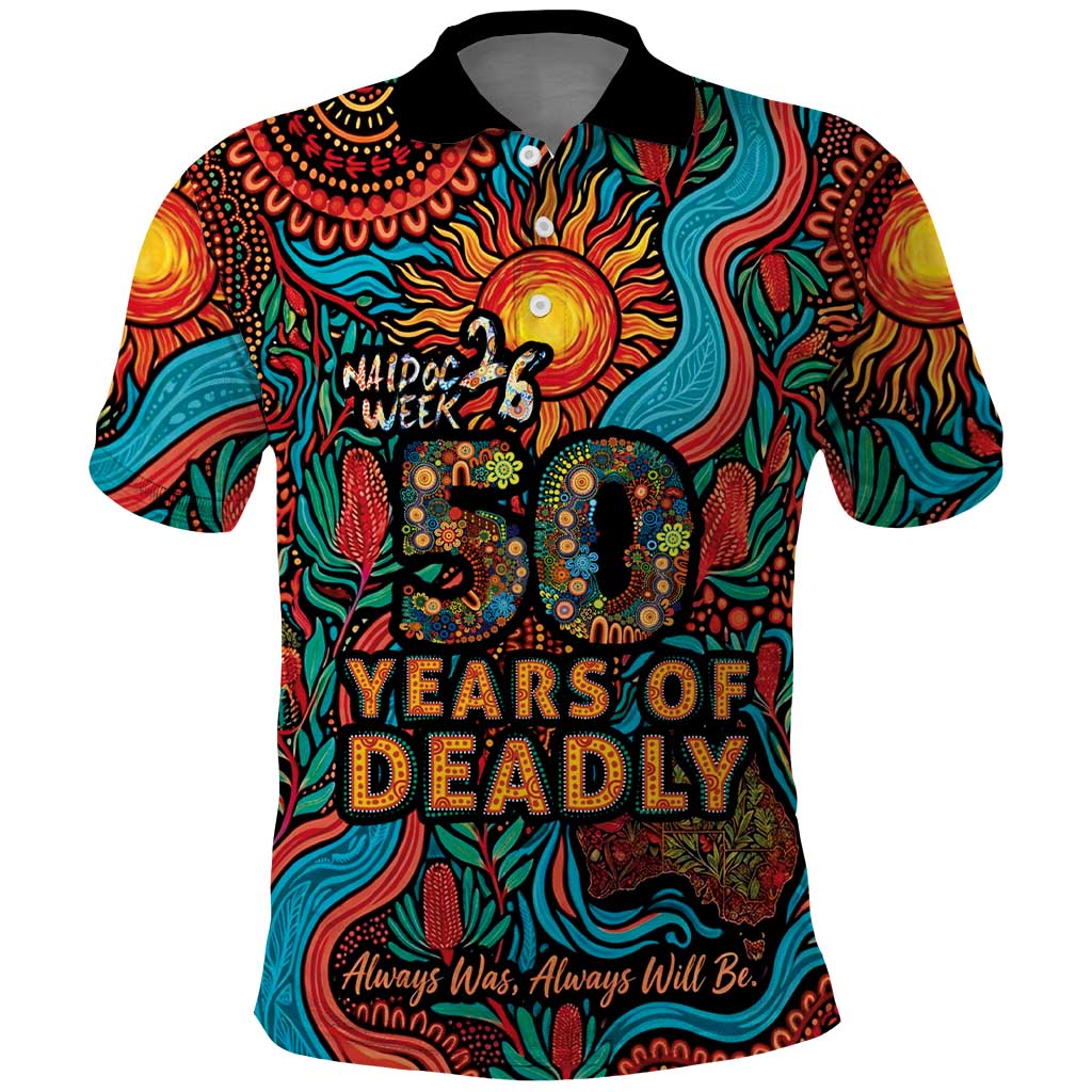 NAIDOC Week 26 Polo Shirt 50 Years of Deadly Aboriginal Motif