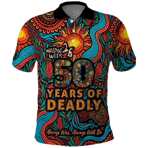 NAIDOC Week 26 Polo Shirt 50 Years of Deadly Aboriginal Motif