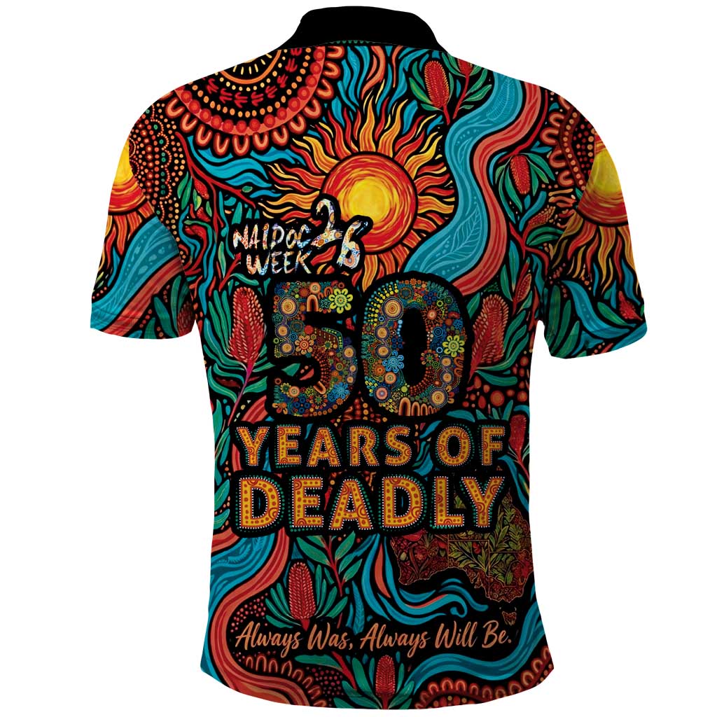NAIDOC Week 26 Polo Shirt 50 Years of Deadly Aboriginal Motif