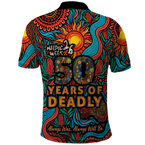 NAIDOC Week 26 Polo Shirt 50 Years of Deadly Aboriginal Motif