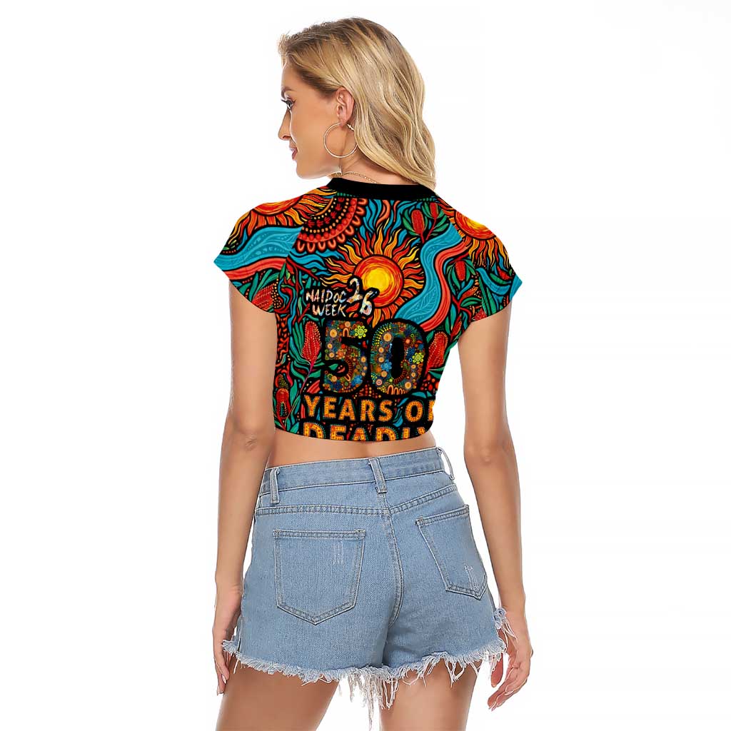 NAIDOC Week 26 Raglan Cropped T Shirt 50 Years of Deadly Aboriginal Motif
