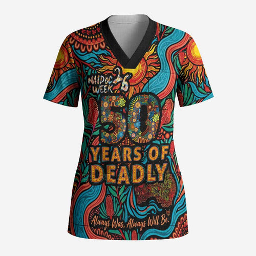 NAIDOC Week 26 Scrub Top 50 Years of Deadly Aboriginal Motif