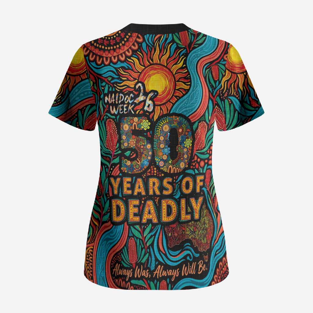 NAIDOC Week 26 Scrub Top 50 Years of Deadly Aboriginal Motif