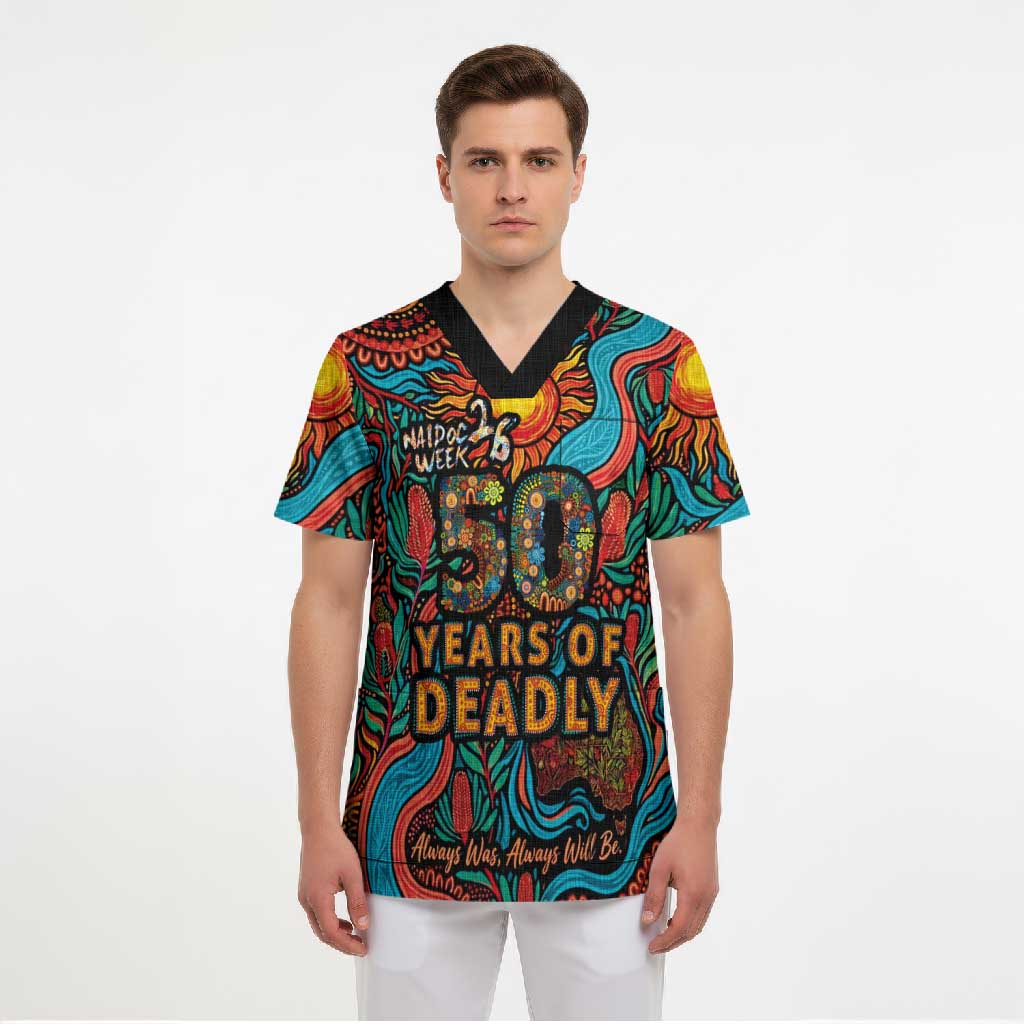 NAIDOC Week 26 Scrub Top 50 Years of Deadly Aboriginal Motif