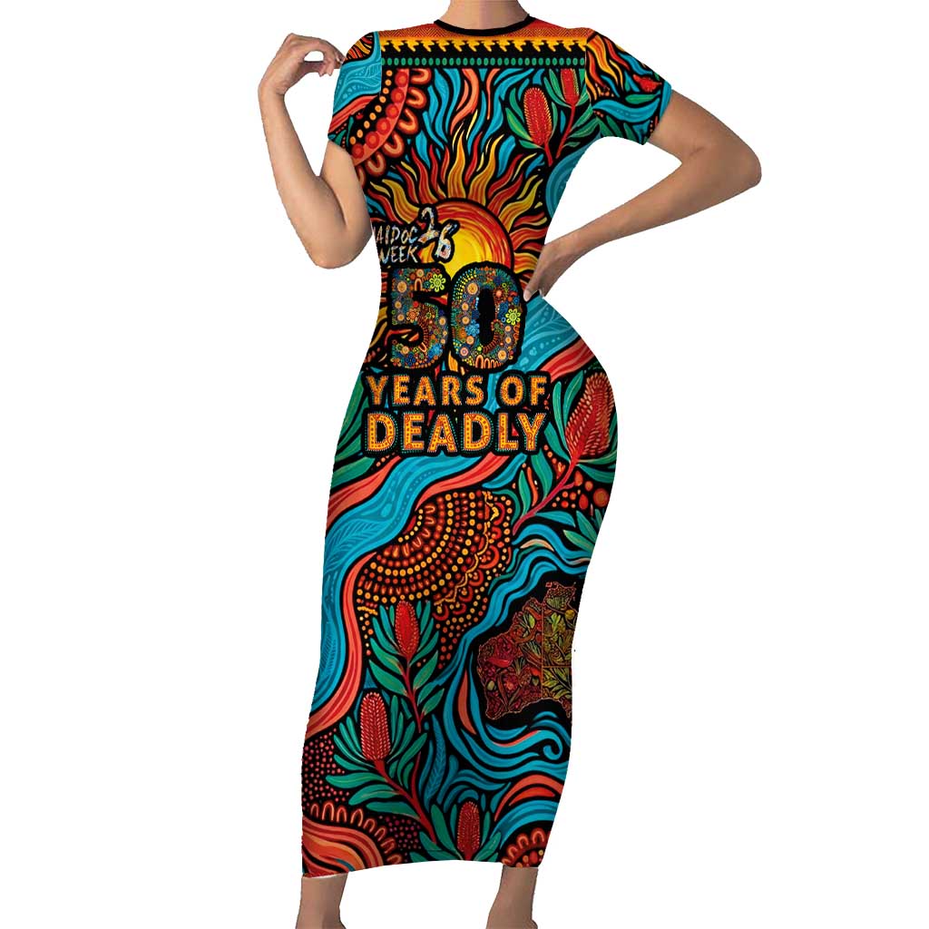 NAIDOC Week 26 Short Sleeve Bodycon Dress 50 Years of Deadly Aboriginal Motif