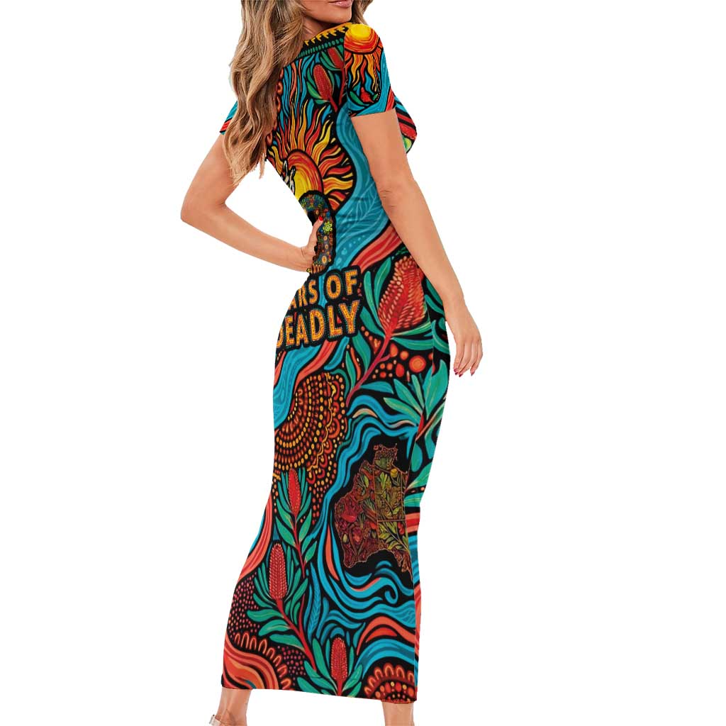 NAIDOC Week 26 Short Sleeve Bodycon Dress 50 Years of Deadly Aboriginal Motif