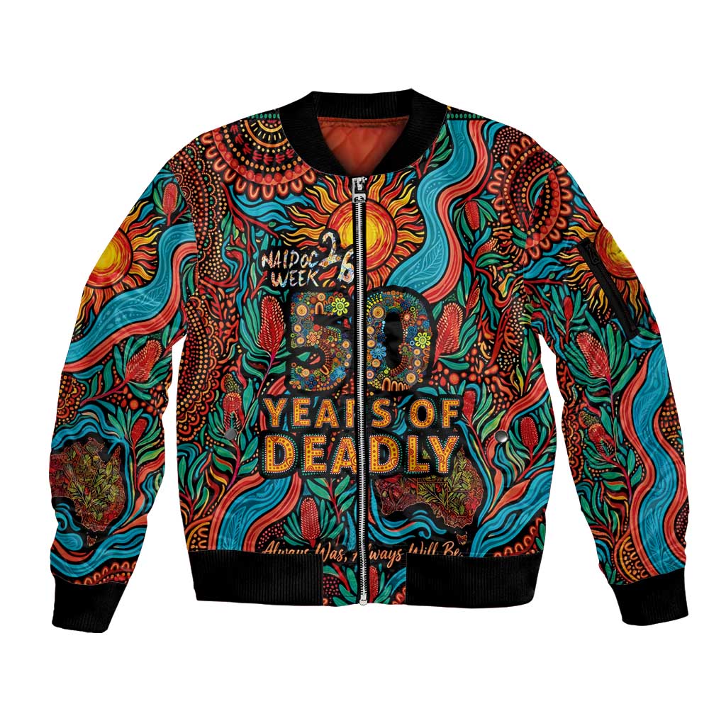 NAIDOC Week 26 Sleeve Zip Bomber Jacket 50 Years of Deadly Aboriginal Motif