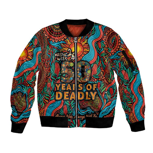 NAIDOC Week 26 Sleeve Zip Bomber Jacket 50 Years of Deadly Aboriginal Motif