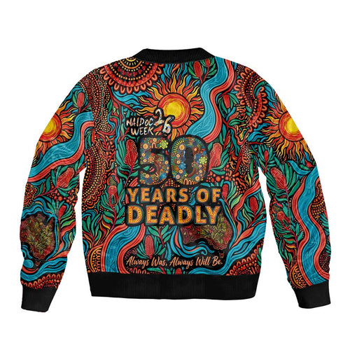 NAIDOC Week 26 Sleeve Zip Bomber Jacket 50 Years of Deadly Aboriginal Motif