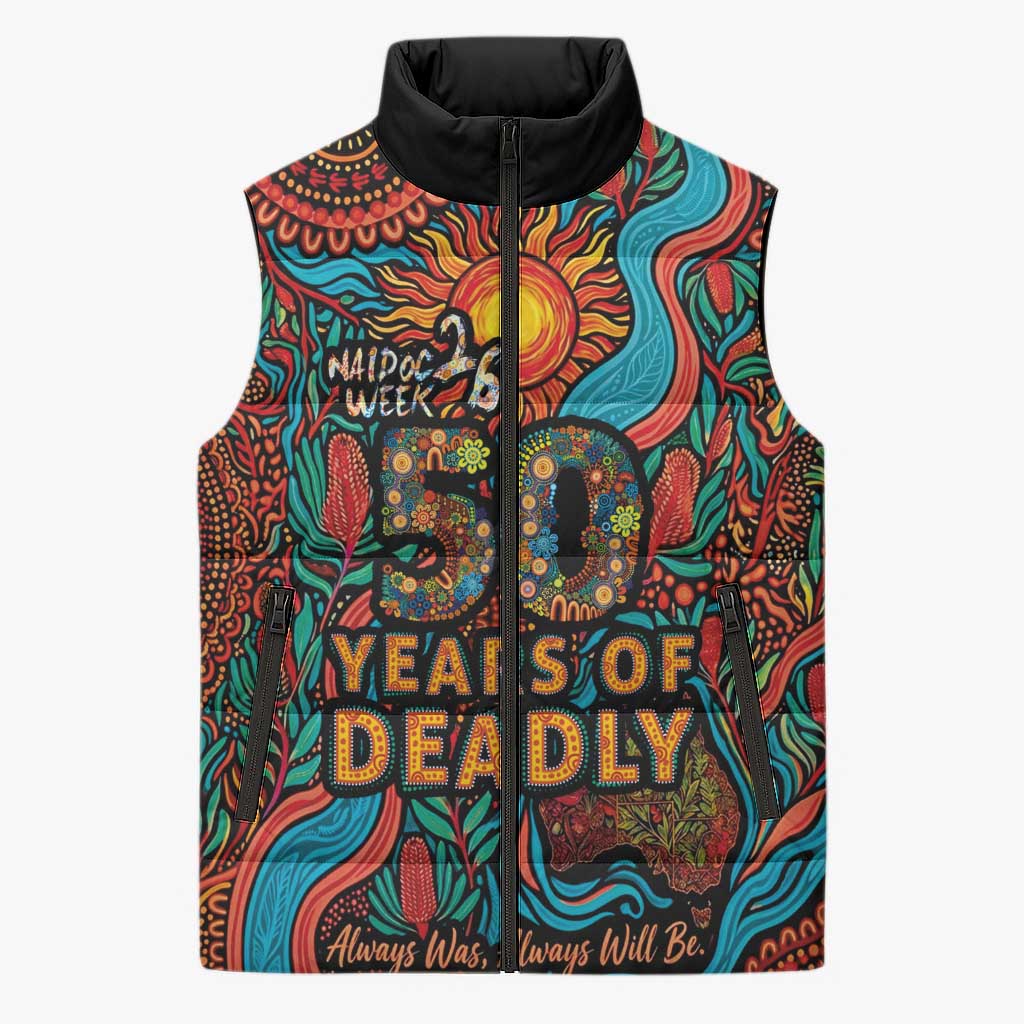NAIDOC Week 26 Sleeveless Puffer Jacket 50 Years of Deadly Aboriginal Motif