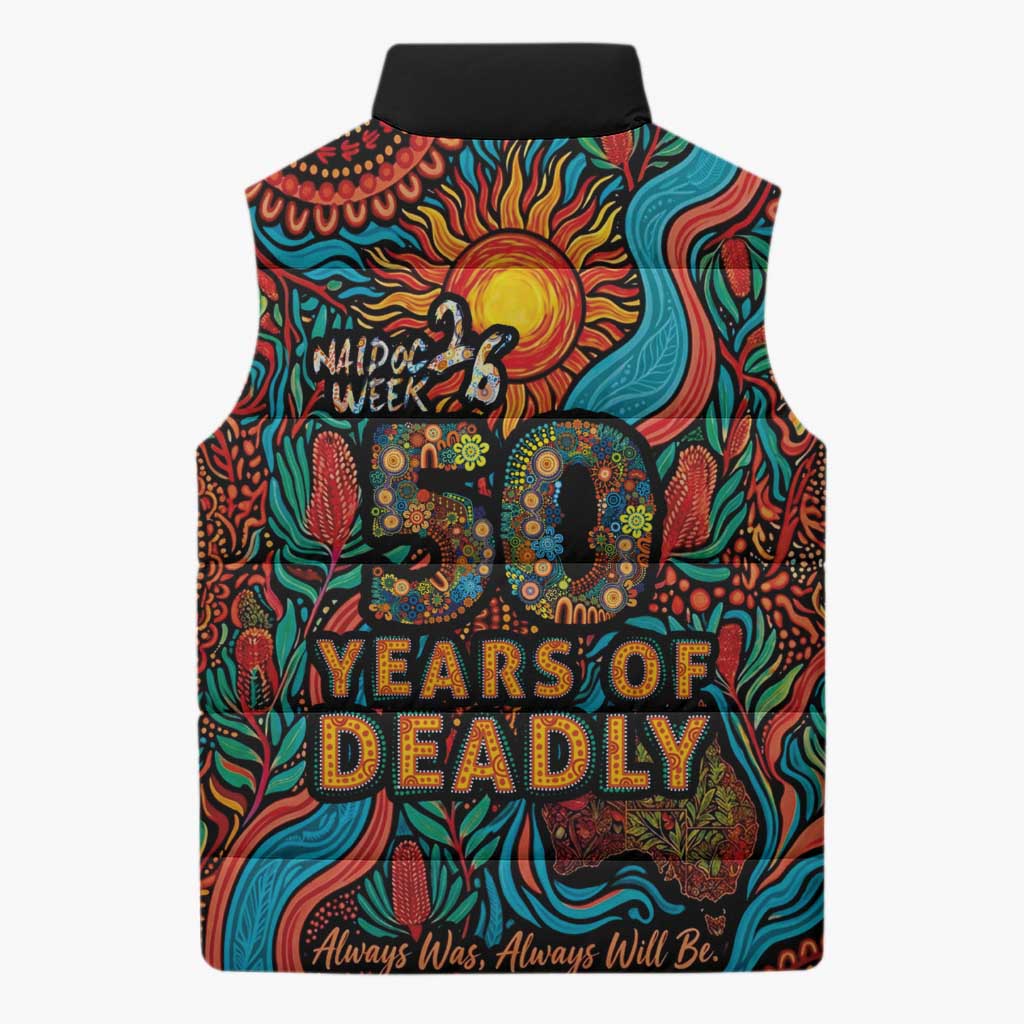 NAIDOC Week 26 Sleeveless Puffer Jacket 50 Years of Deadly Aboriginal Motif