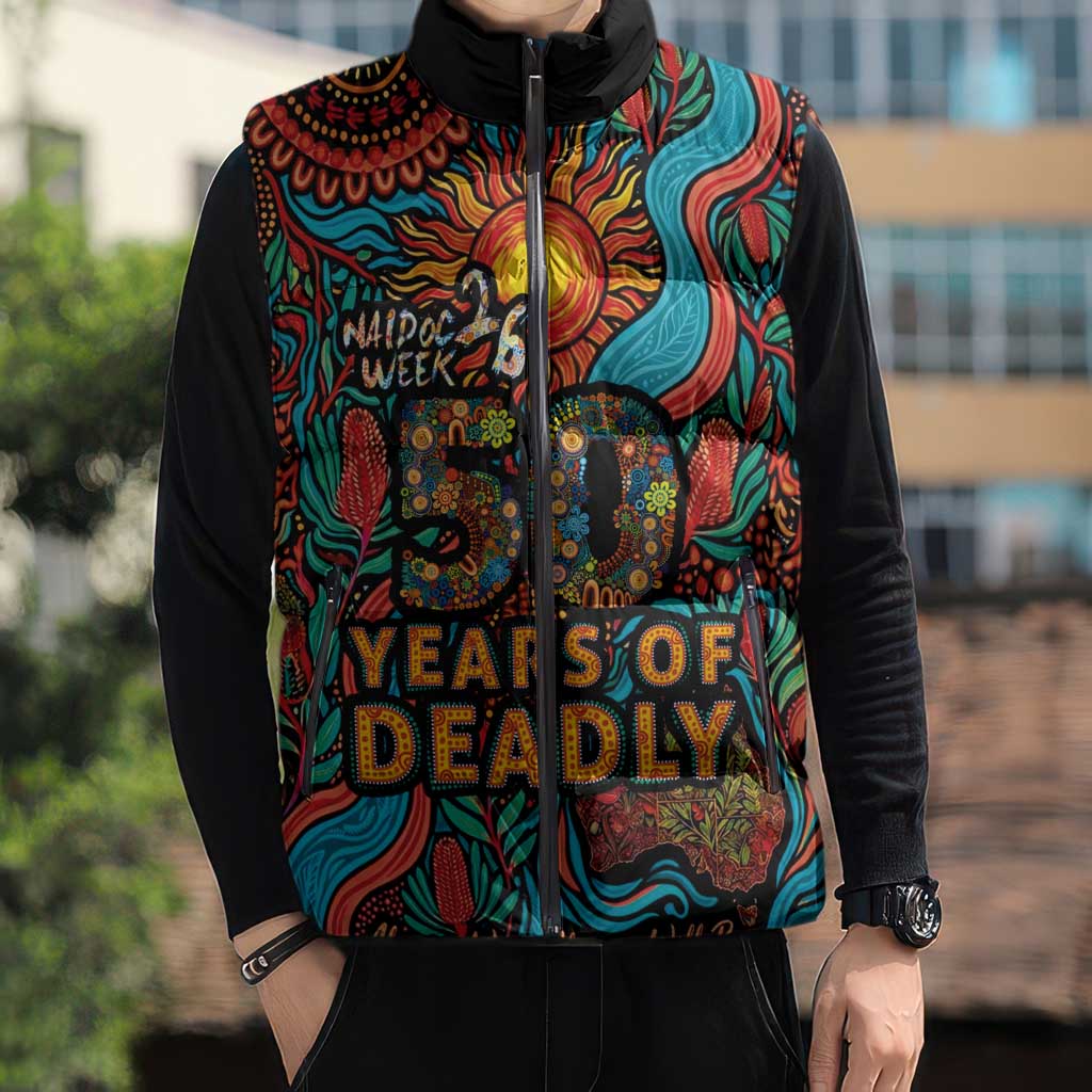 NAIDOC Week 26 Sleeveless Puffer Jacket 50 Years of Deadly Aboriginal Motif