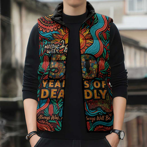 NAIDOC Week 26 Sleeveless Puffer Jacket 50 Years of Deadly Aboriginal Motif