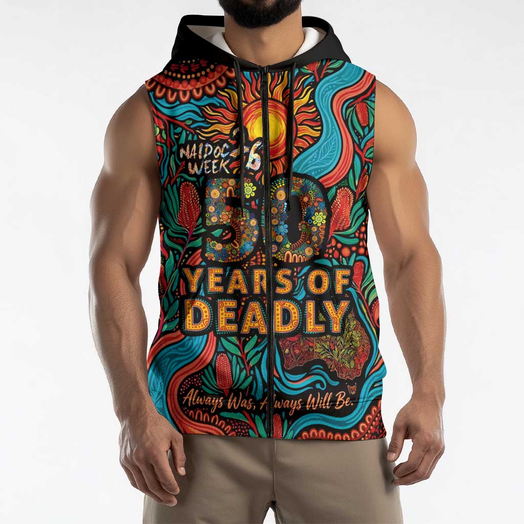 NAIDOC Week 26 Sleeveless Zip Hoodie 50 Years of Deadly Aboriginal Motif