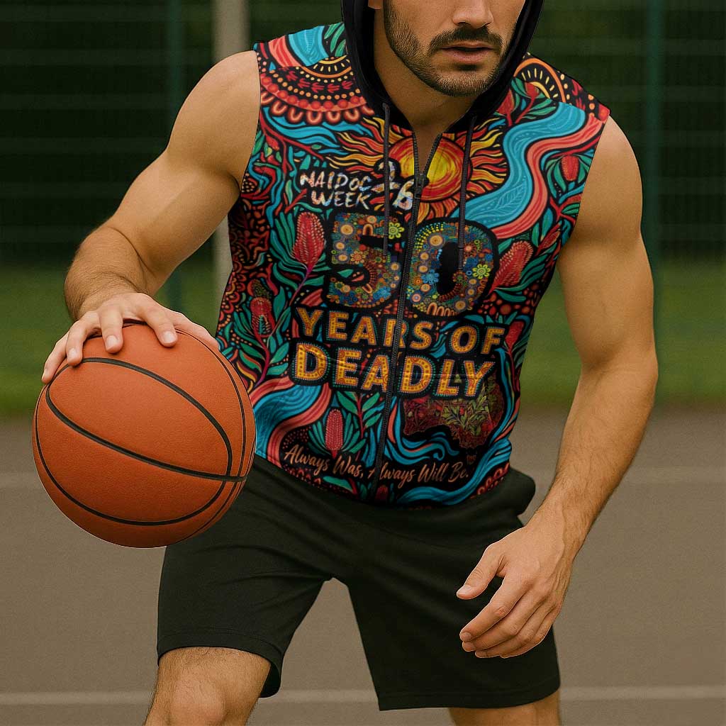 NAIDOC Week 26 Sleeveless Zip Hoodie 50 Years of Deadly Aboriginal Motif