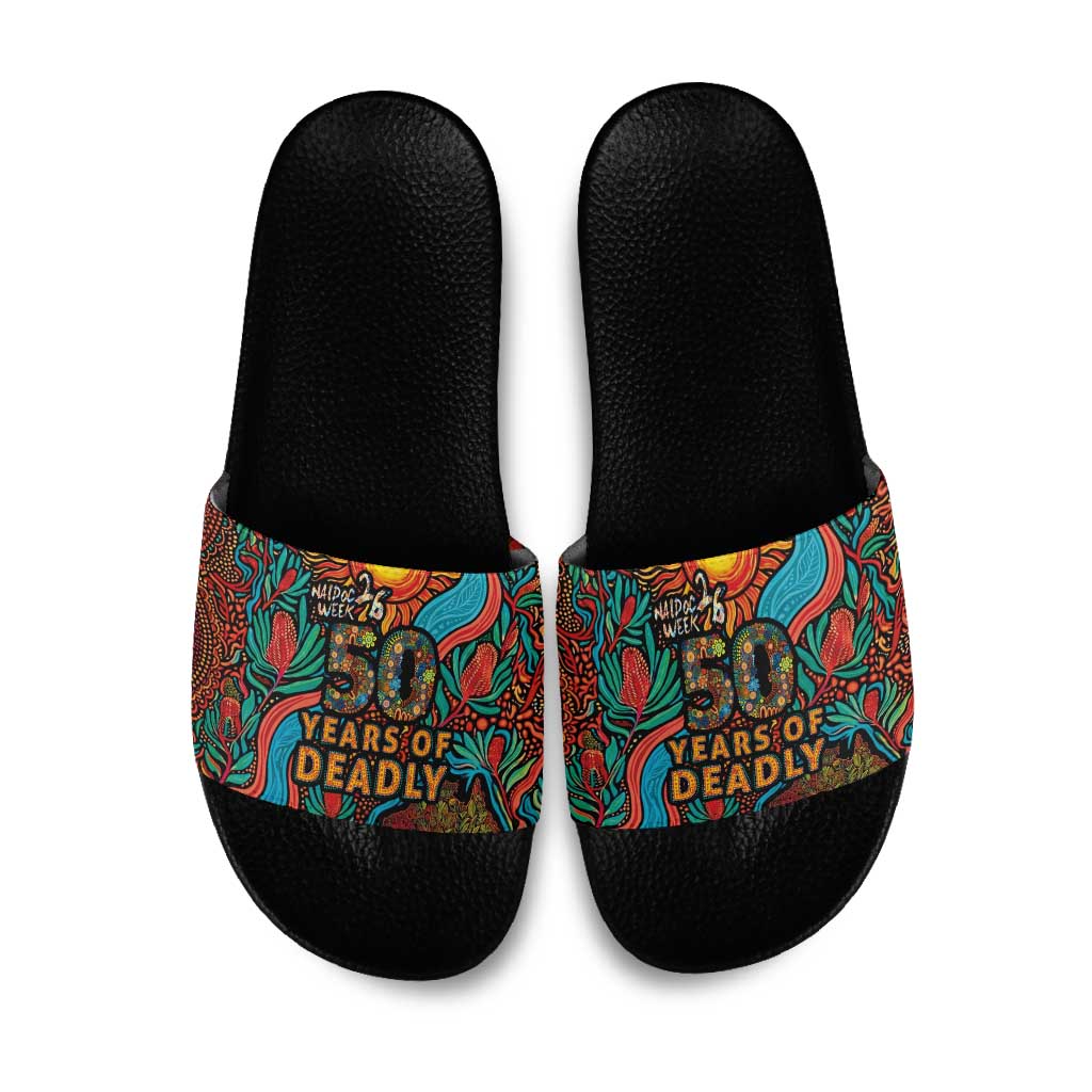 NAIDOC Week 26 Slide Sandals 50 Years of Deadly Aboriginal Motif