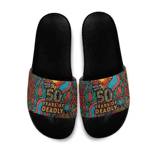 NAIDOC Week 26 Slide Sandals 50 Years of Deadly Aboriginal Motif