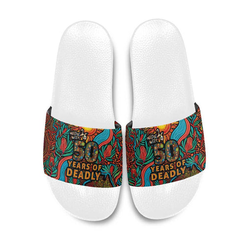 NAIDOC Week 26 Slide Sandals 50 Years of Deadly Aboriginal Motif