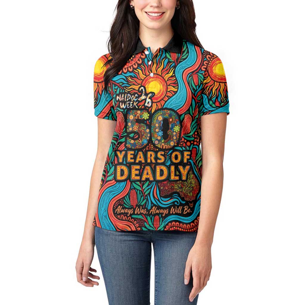 NAIDOC Week 26 Women Polo Shirt 50 Years of Deadly Aboriginal Motif