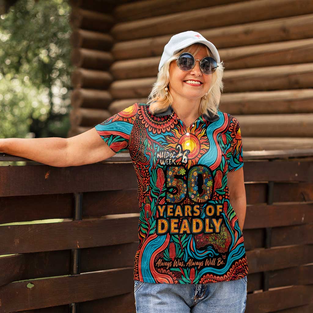 NAIDOC Week 26 Women Polo Shirt 50 Years of Deadly Aboriginal Motif