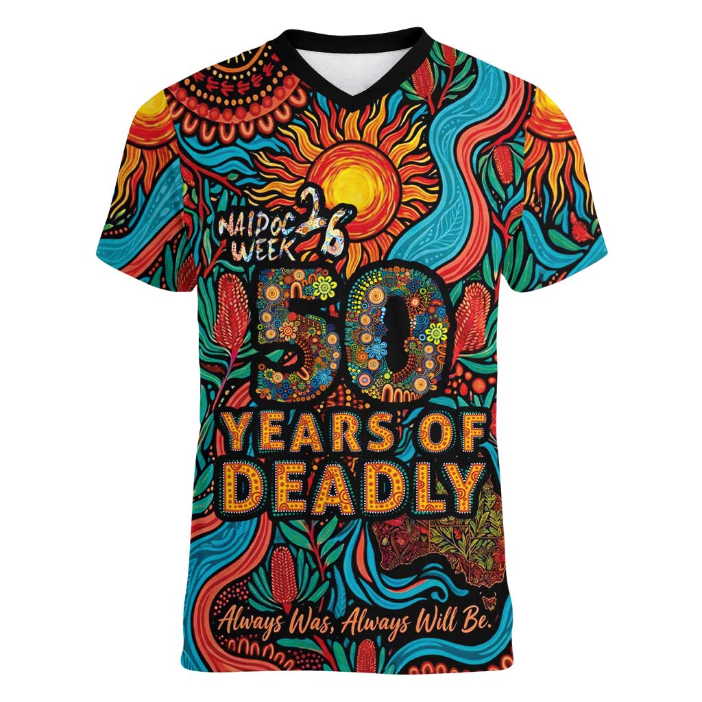 NAIDOC Week 26 Women V-Neck T-Shirt 50 Years of Deadly Aboriginal Motif