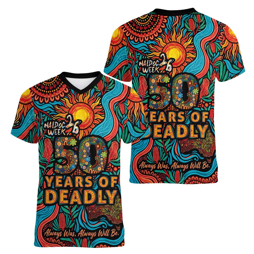 NAIDOC Week 26 Women V-Neck T-Shirt 50 Years of Deadly Aboriginal Motif