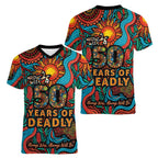 NAIDOC Week 26 Women V-Neck T-Shirt 50 Years of Deadly Aboriginal Motif