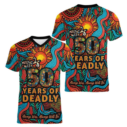 NAIDOC Week 26 Women V-Neck T-Shirt 50 Years of Deadly Aboriginal Motif