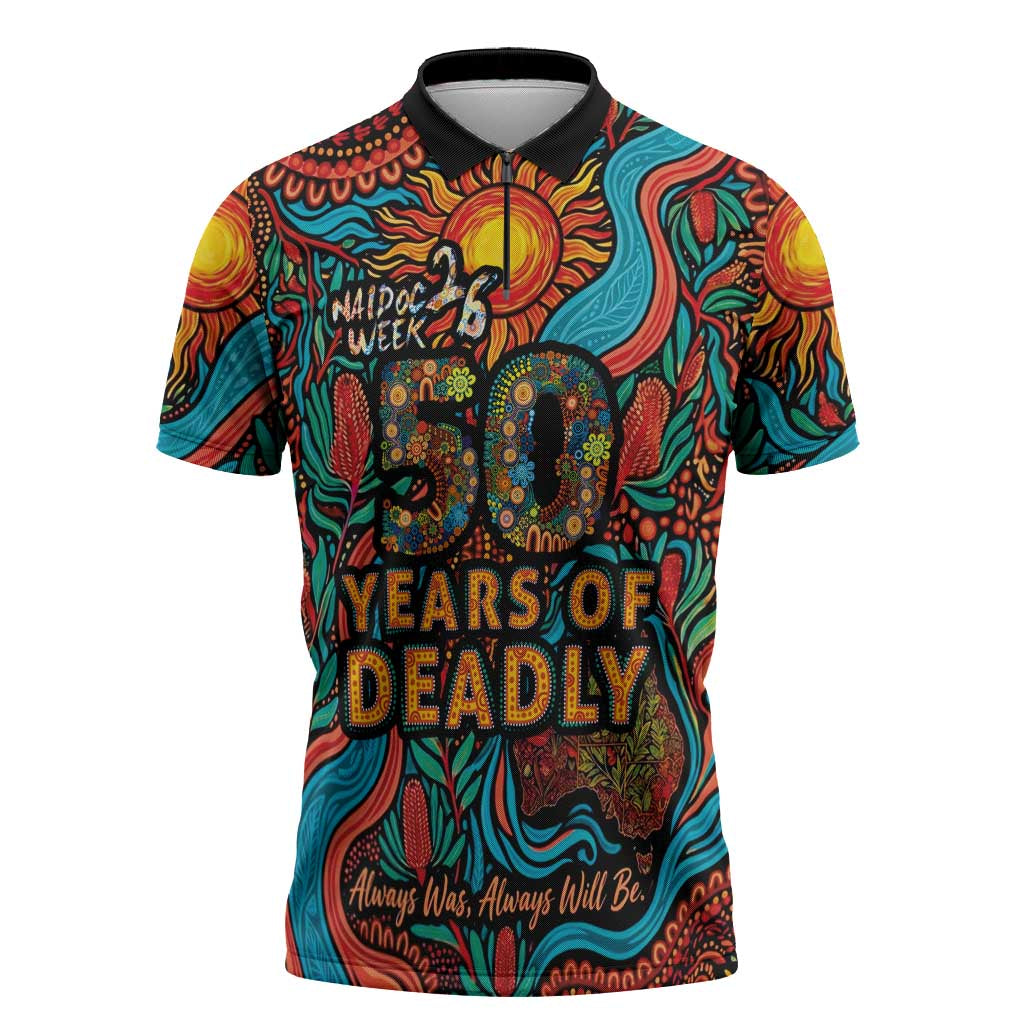 NAIDOC Week 26 Zipper Polo Shirt 50 Years of Deadly Aboriginal Motif