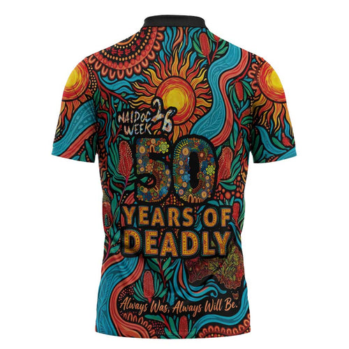 NAIDOC Week 26 Zipper Polo Shirt 50 Years of Deadly Aboriginal Motif
