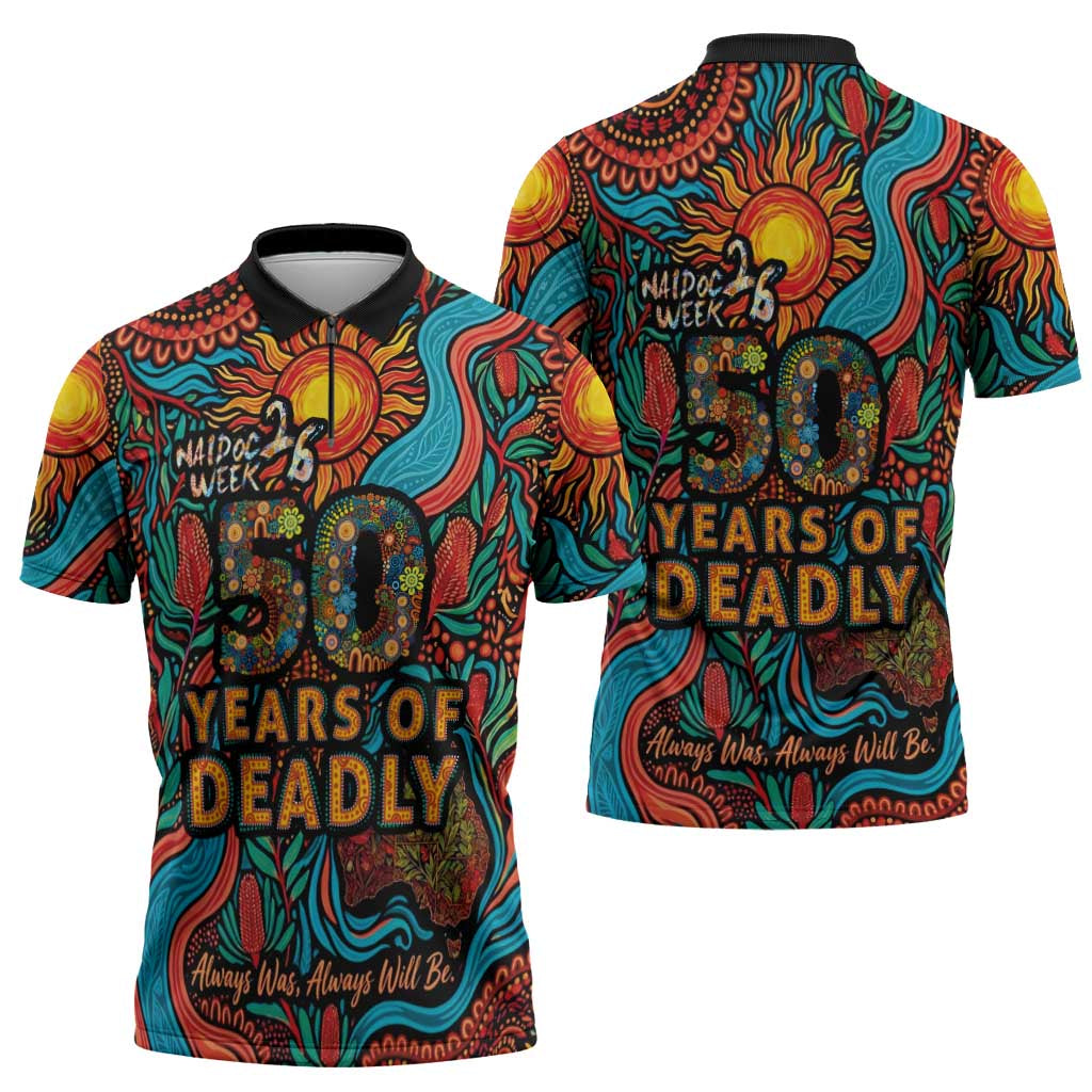 NAIDOC Week 26 Zipper Polo Shirt 50 Years of Deadly Aboriginal Motif
