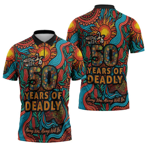 NAIDOC Week 26 Zipper Polo Shirt 50 Years of Deadly Aboriginal Motif