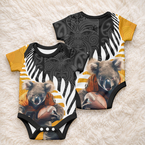 New Zealand and Australia Rugby Baby Onesie Koala and Maori Warrior Together