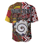 Personalised Aotearoa and Australia Together Baseball Jersey Koru and Kangaroo - Taniko with Aboriginal Motif