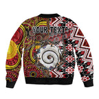 Personalised Aotearoa and Australia Together Bomber Jacket Koru and Kangaroo - Taniko with Aboriginal Motif